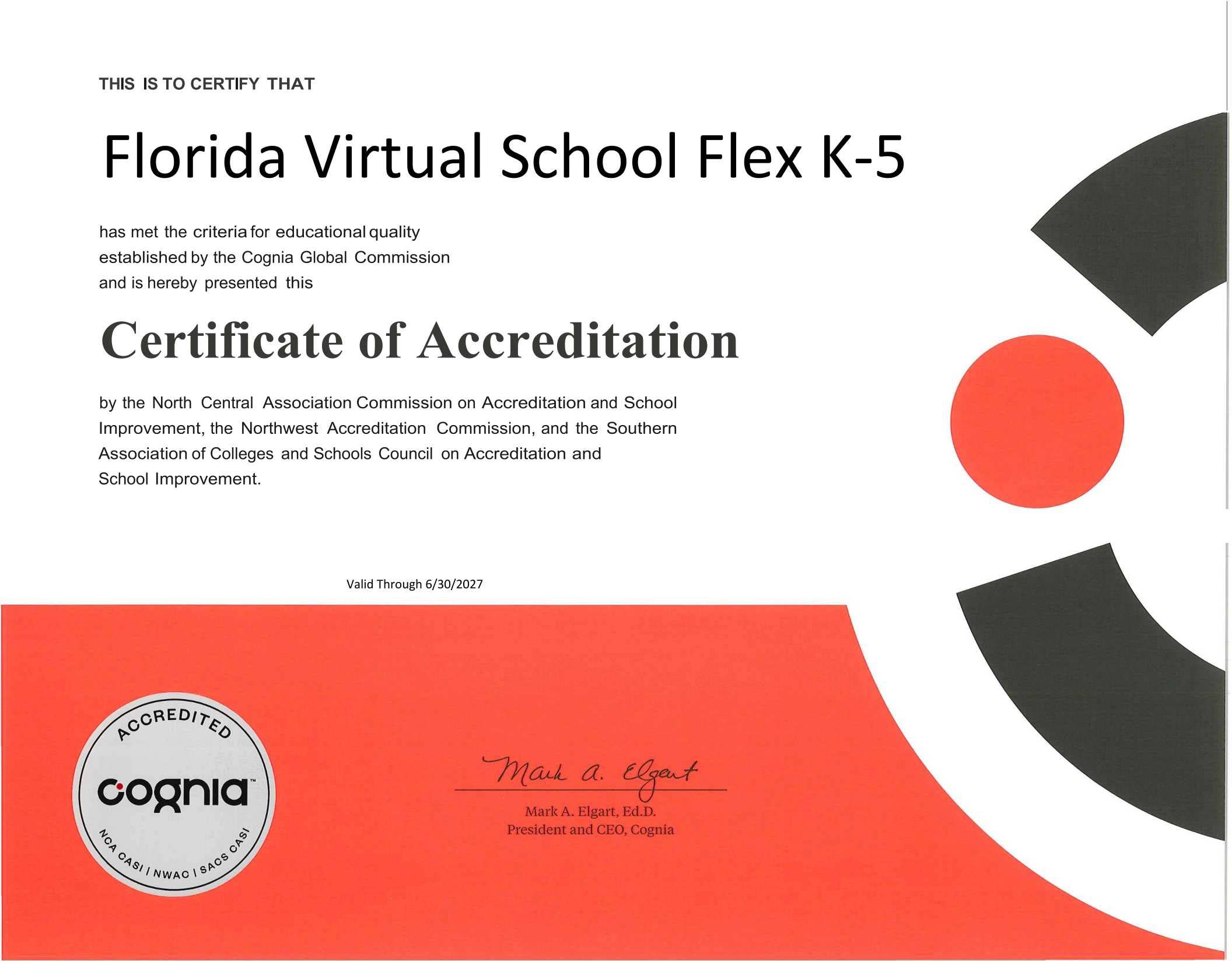 Florida Virtual School Flex K-5 Certificate of Accreditation