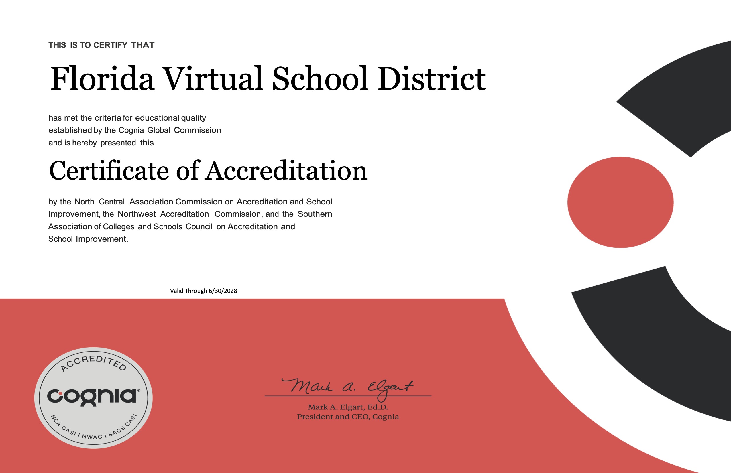 Florida Virtual School District Certificate of Accreditation